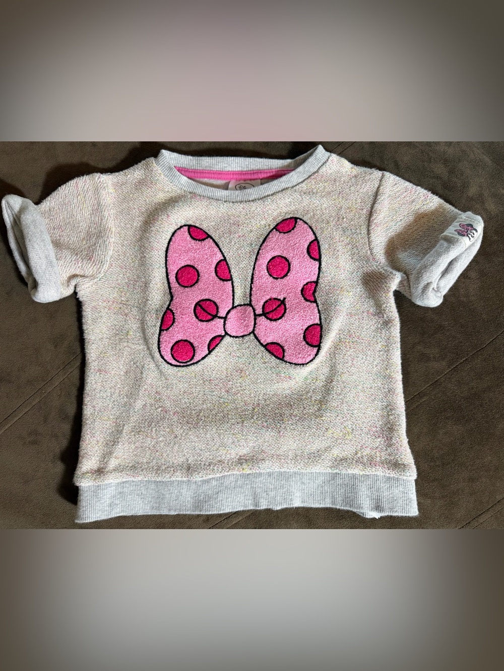 Disney Girls Light Gray Sweater with Pink Polka Dot Bow Detail
